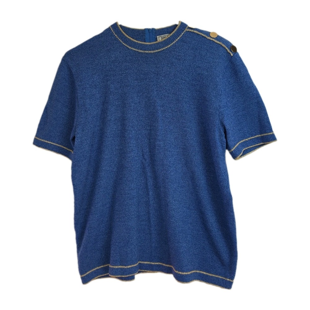 Vintage Don Sayres for Wellmore Sweater Womens 16 Blue Gold Trim Short Sleeve